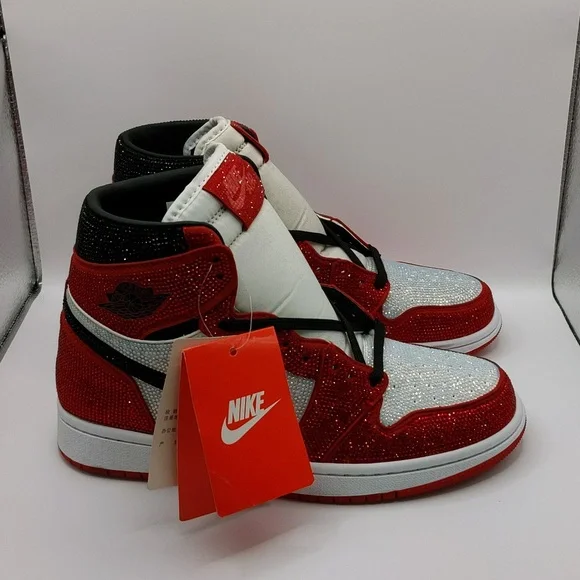 New Custom Crystal Iced Sneakers Red/White/Black Unbranded Bedazzled Sz 6 - Picture 3 of 16